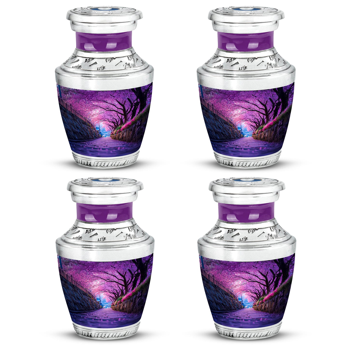 Deep Purple Cherry Blossom Cremation Urn back view with polished surface - contemporary cherry blossom design with modern artistic flair - 10 inch aluminum urn for cremated remains