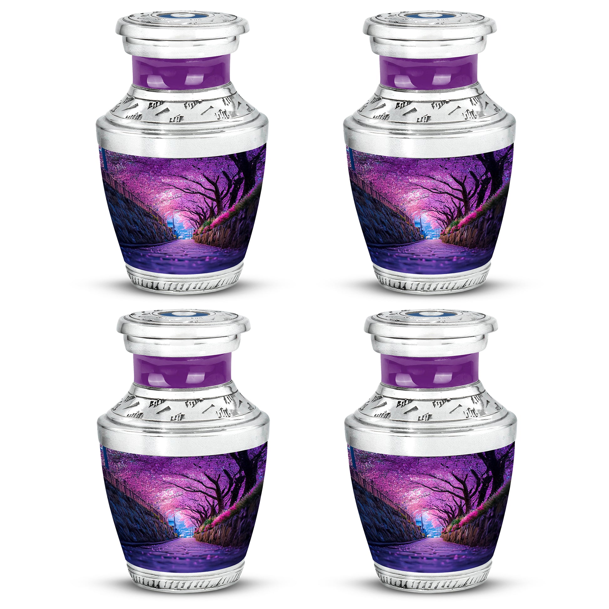 Deep Purple Cherry Blossom Cremation Urn back view with polished surface - contemporary cherry blossom design with modern artistic flair - 10 inch aluminum urn for cremated remains