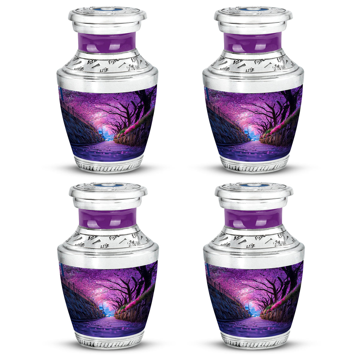 Deep Purple Cherry Blossom Cremation Urn back view with polished surface - contemporary cherry blossom design with modern artistic flair - 10 inch aluminum urn for cremated remains