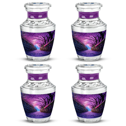 Deep Purple Cherry Blossom Cremation Urn back view with polished surface - contemporary cherry blossom design with modern artistic flair - 10 inch aluminum urn for cremated remains
