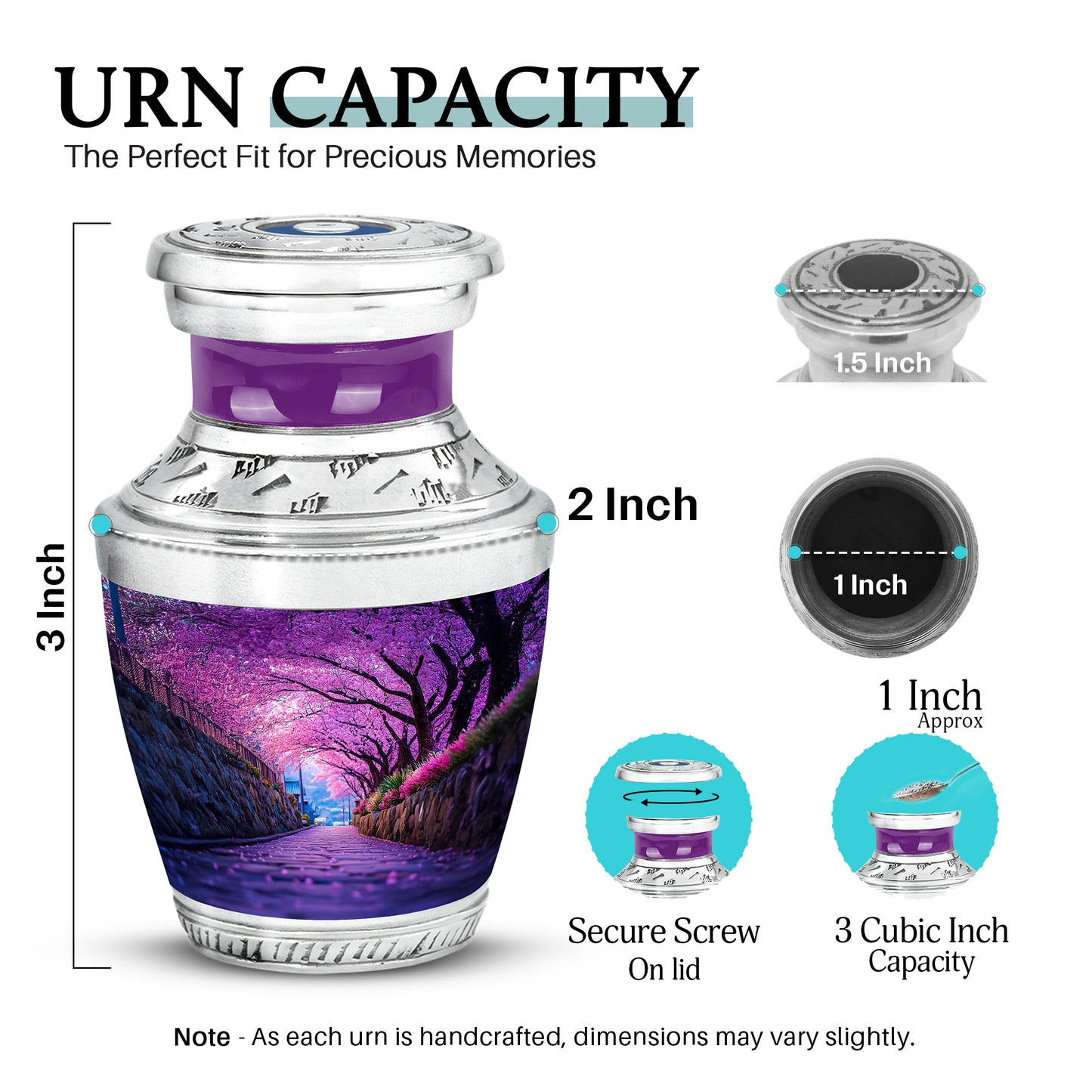 Twilight Purple Cherry Blossom Cremation Urn top-down view of secure threaded lid - artistic cherry blossom interpretation with creative detail - mini keepsake memorial for portion of cremation ashes