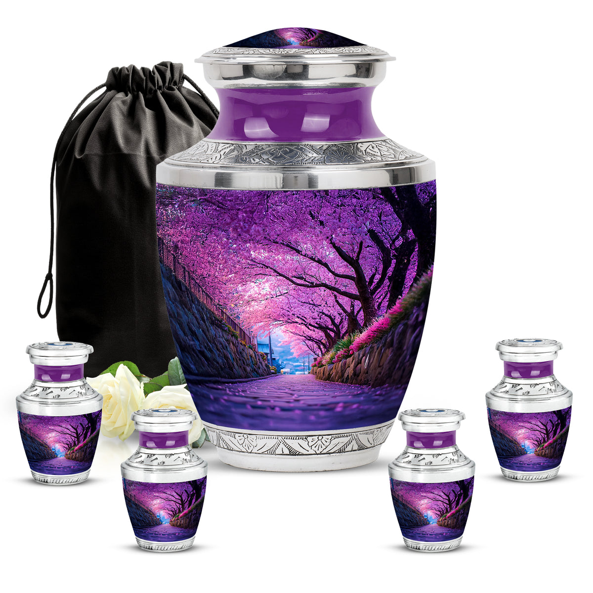 Lavender Purple Cherry Blossom Cremation Urn lifestyle display on memorial shelf - artistic cherry blossom interpretation with creative detail - memorial set with one large and four small urns