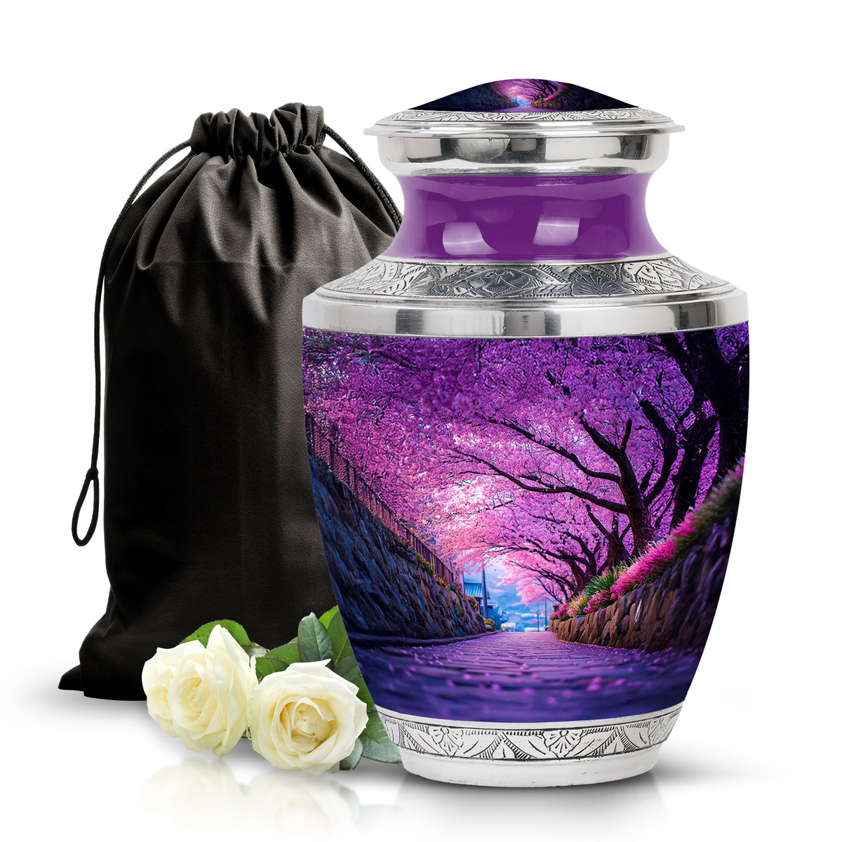 Royal Purple Cherry Blossom Cremation Urn side profile showing urn shape - stylized abstract cherry blossom pattern with bold lines - full-size 10 inch 200 cubic inch adult cremation urn