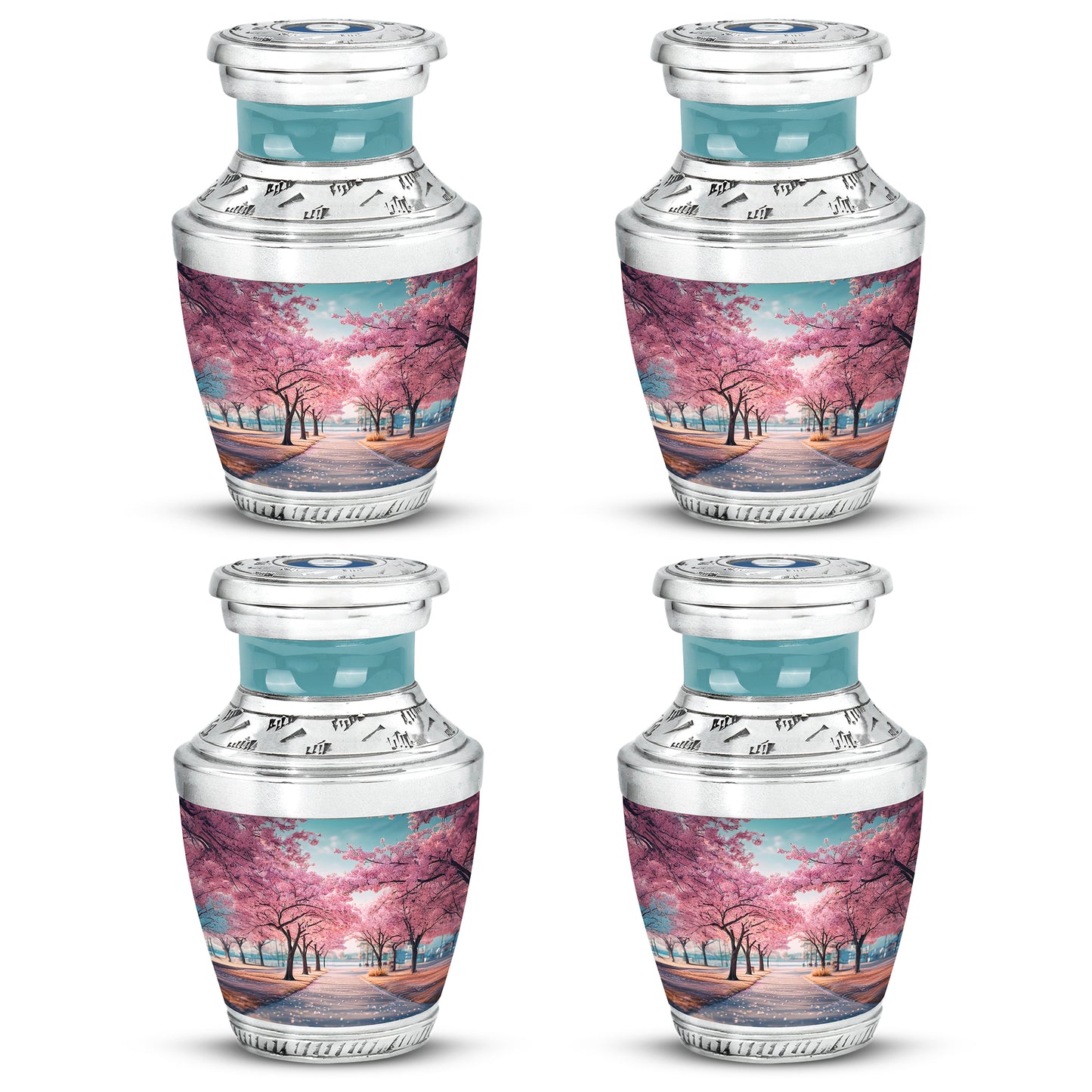 Aqua Teal Cherry Blossom Cremation Urn back view with polished surface - stylized abstract cherry blossom pattern with bold lines - 10 inch aluminum urn for cremated remains