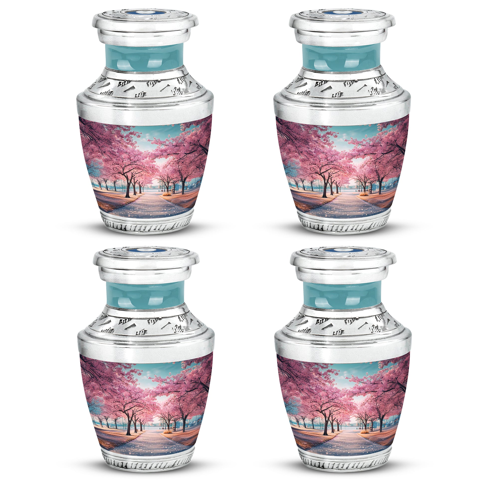 Aqua Teal Cherry Blossom Cremation Urn back view with polished surface - stylized abstract cherry blossom pattern with bold lines - 10 inch aluminum urn for cremated remains