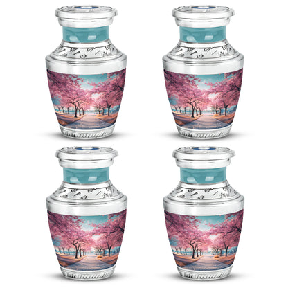Aqua Teal Cherry Blossom Cremation Urn back view with polished surface - stylized abstract cherry blossom pattern with bold lines - 10 inch aluminum urn for cremated remains
