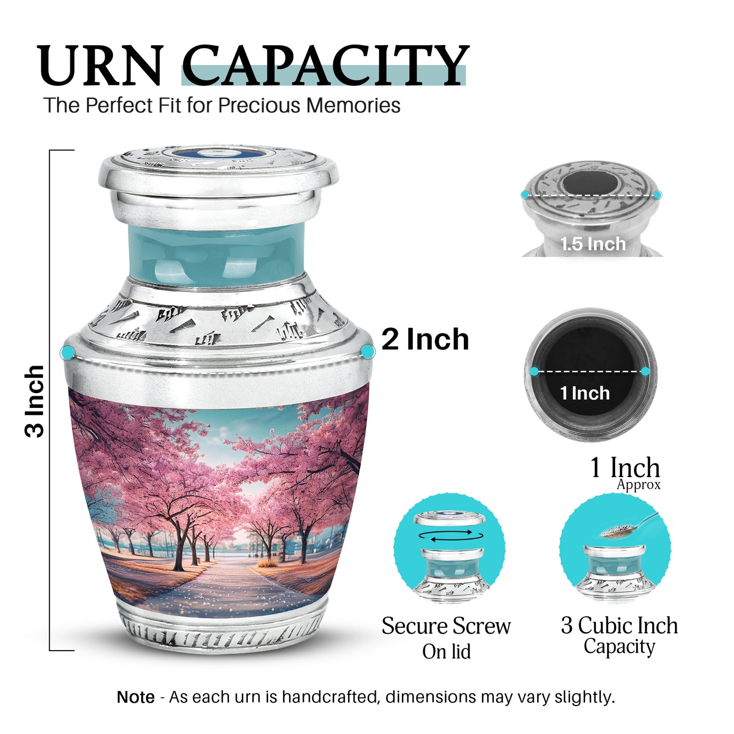 Deep Teal Cherry Blossom Cremation Urn top-down view of secure threaded lid - stylized abstract cherry blossom pattern with bold lines - mini keepsake memorial for portion of cremation ashes