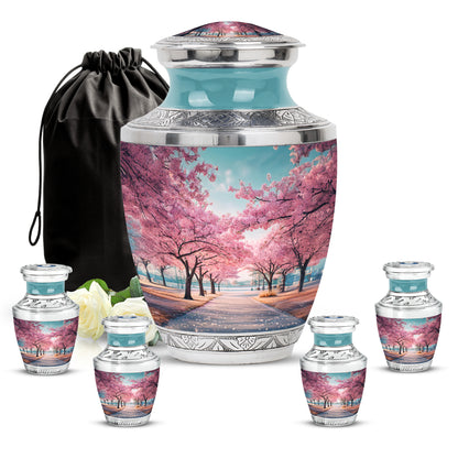Mystic Teal Cherry Blossom Cremation Urn lifestyle display on memorial shelf - artistic cherry blossom interpretation with creative detail - memorial set with one large and four small urns