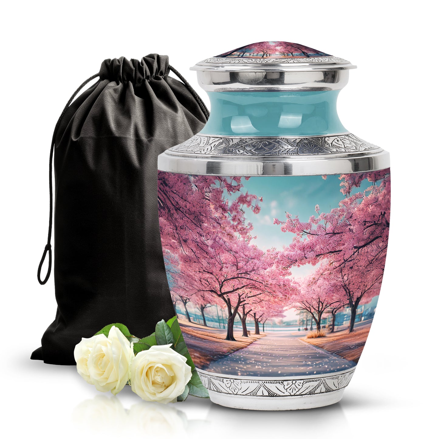 Rose Pink Cherry Blossom Cremation Urn side profile showing urn shape - modern art-inspired cherry blossom motif on sleek aluminum - full-size 10 inch 200 cubic inch adult cremation urn