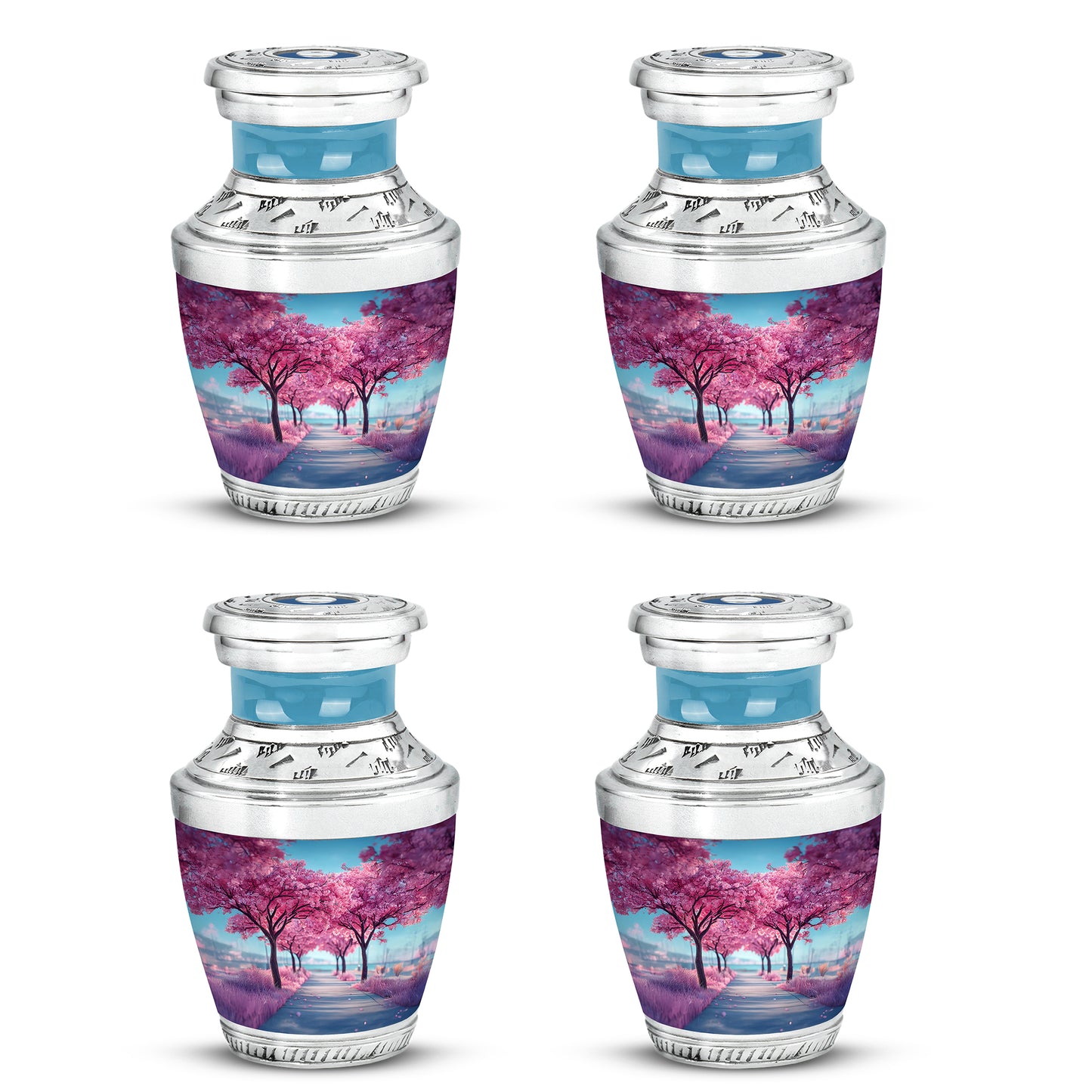 Cornflower Blue Cherry Blossom Cremation Urn back view with polished surface - stylized abstract cherry blossom pattern with bold lines - 10 inch aluminum urn for cremated remains