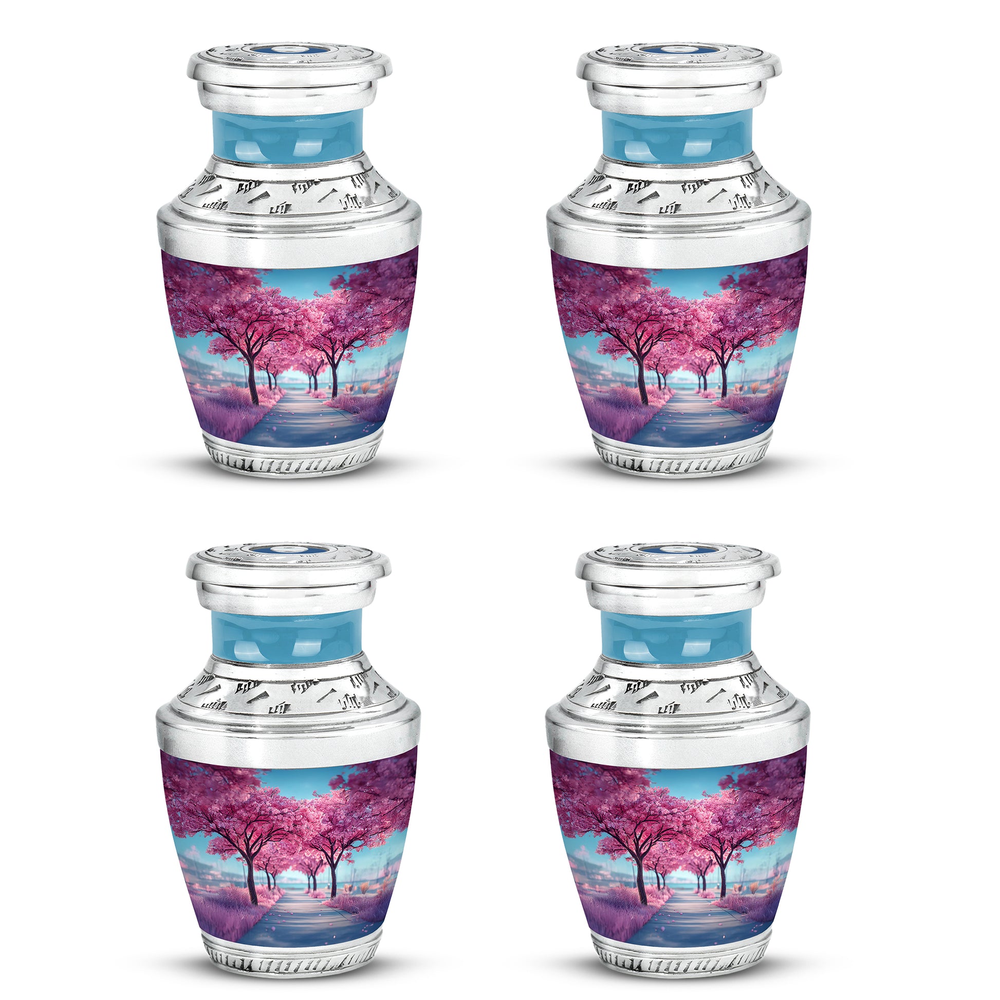 Cornflower Blue Cherry Blossom Cremation Urn back view with polished surface - stylized abstract cherry blossom pattern with bold lines - 10 inch aluminum urn for cremated remains