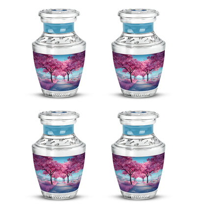 Cornflower Blue Cherry Blossom Cremation Urn back view with polished surface - stylized abstract cherry blossom pattern with bold lines - 10 inch aluminum urn for cremated remains