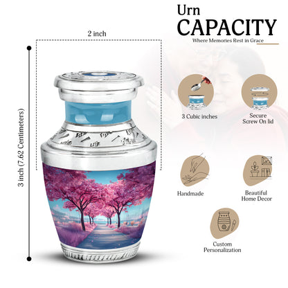 Twilight Blue Cherry Blossom Cremation Urn top-down view of secure threaded lid - artistic cherry blossom interpretation with creative detail - mini keepsake memorial for portion of cremation ashes