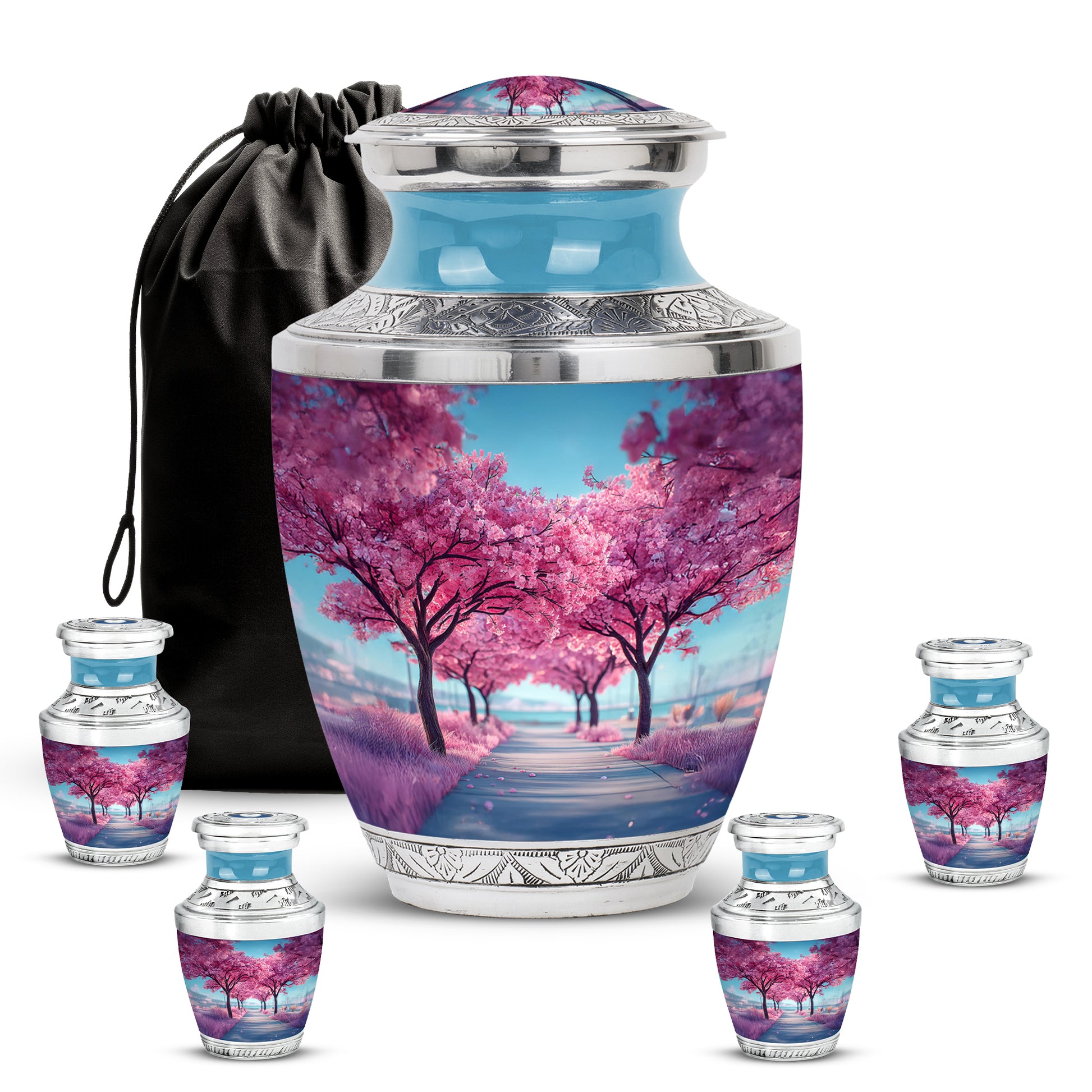 Pastel Blue Cherry Blossom Cremation Urn lifestyle display on memorial shelf - modern art-inspired cherry blossom motif on sleek aluminum - memorial set with one large and four small urns