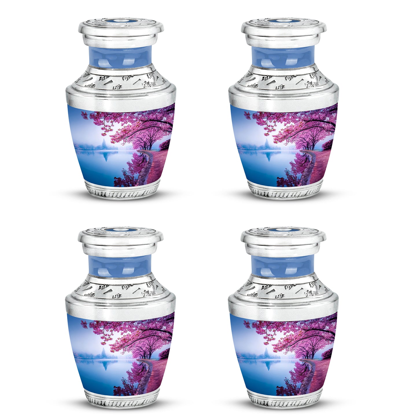 Navy Blue Cherry Blossom Cremation Urn back view with polished surface - contemporary cherry blossom design with modern artistic flair - 10 inch aluminum urn for cremated remains