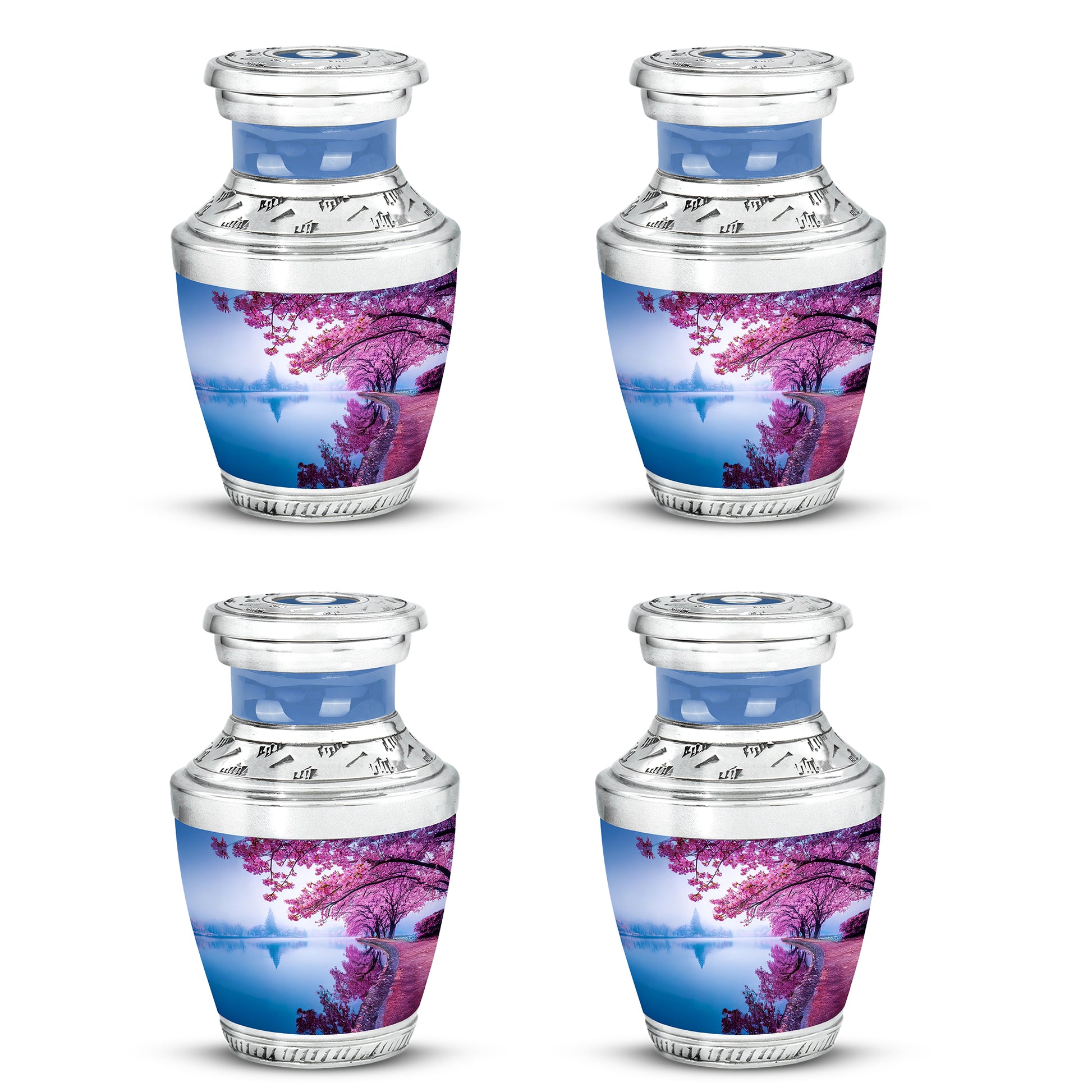 Navy Blue Cherry Blossom Cremation Urn back view with polished surface - contemporary cherry blossom design with modern artistic flair - 10 inch aluminum urn for cremated remains