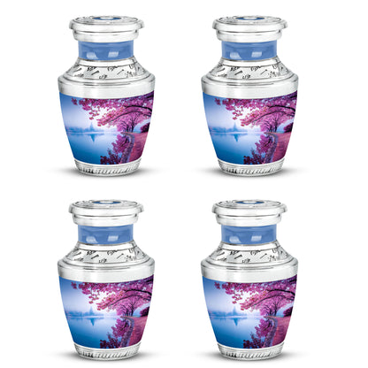 Navy Blue Cherry Blossom Cremation Urn back view with polished surface - contemporary cherry blossom design with modern artistic flair - 10 inch aluminum urn for cremated remains