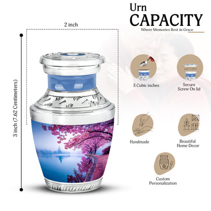 Navy Blue Cherry Blossom Cremation Urn top-down view of secure threaded lid - contemporary cherry blossom design with modern artistic flair - mini keepsake memorial for portion of cremation ashes