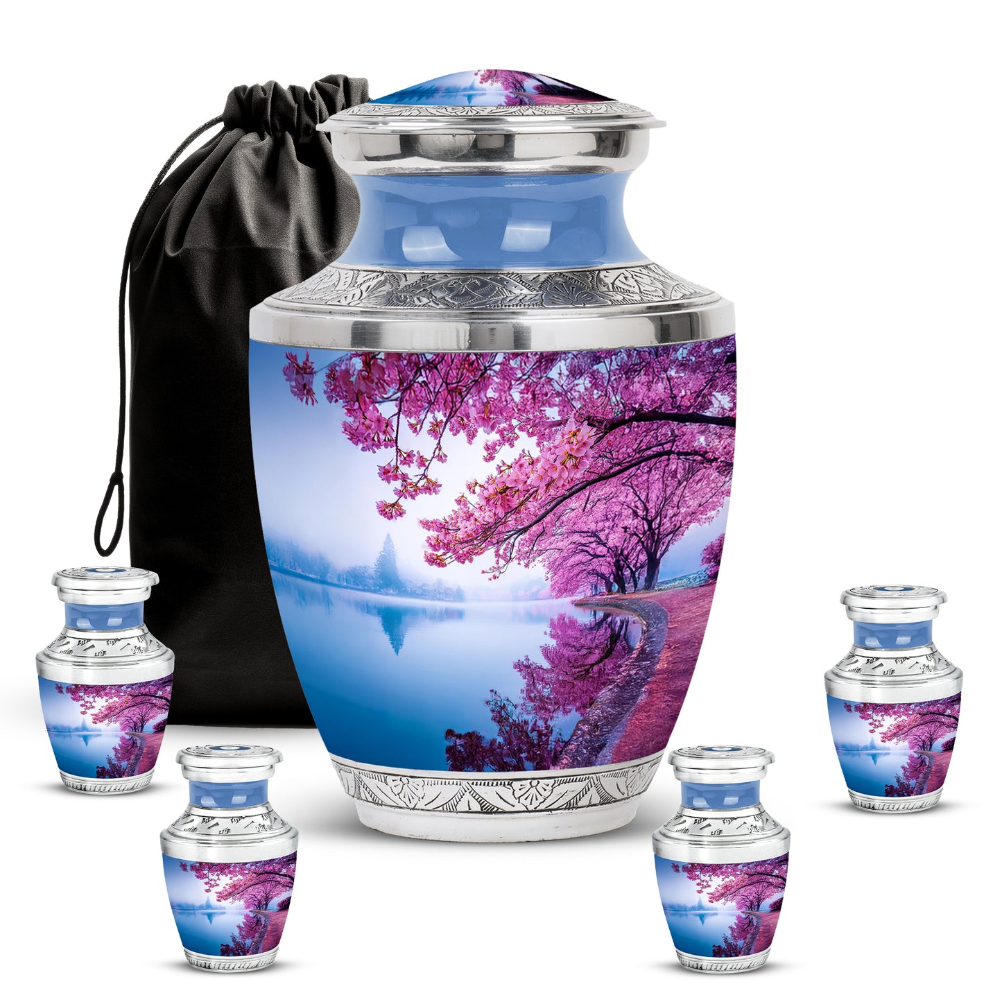 Vivid Blue Cherry Blossom Cremation Urn lifestyle display on memorial shelf - artistic cherry blossom interpretation with creative detail - memorial set with one large and four small urns