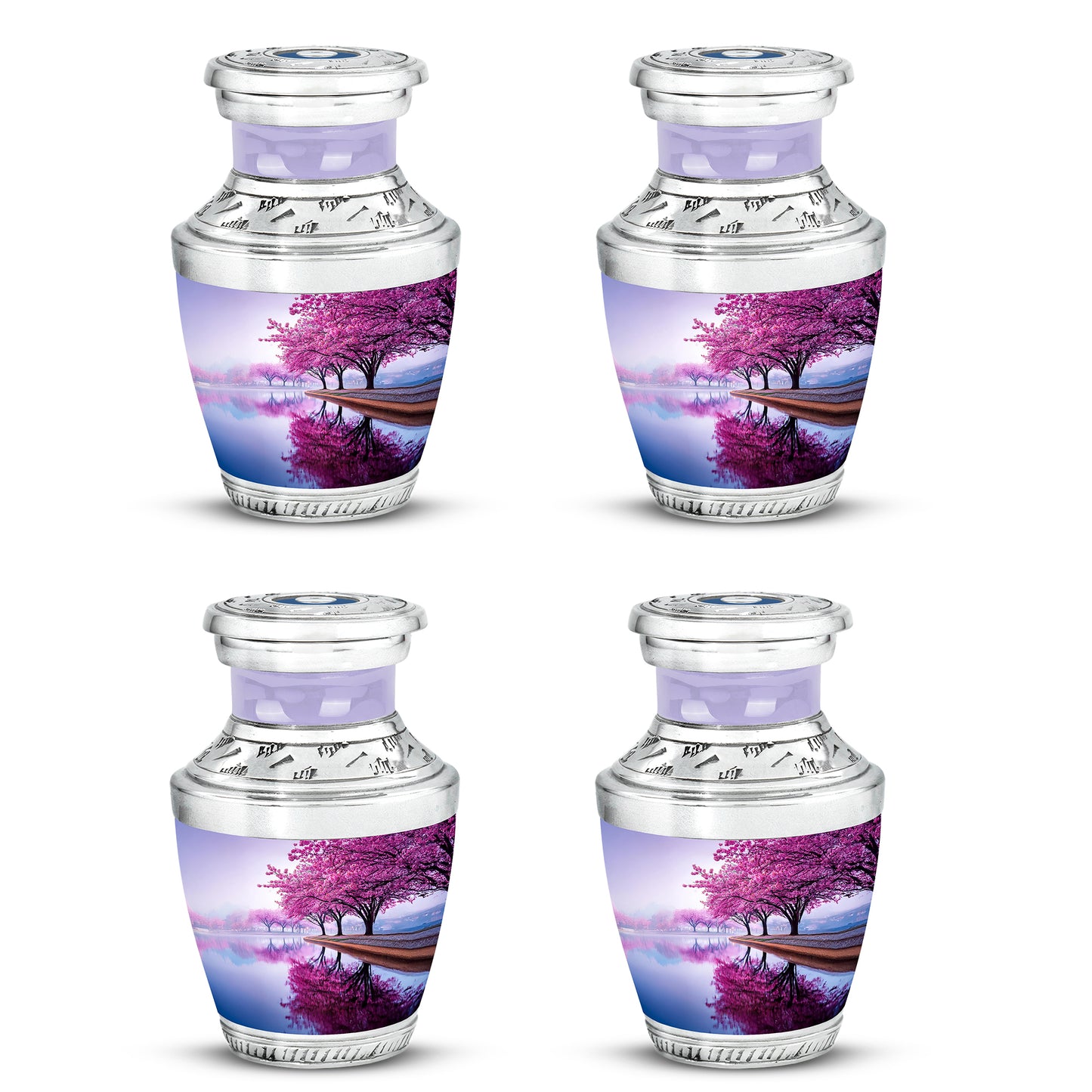 Alabaster White Cherry Blossom Cremation Urn back view with polished surface - modern art-inspired cherry blossom motif on sleek aluminum - 10 inch aluminum urn for cremated remains
