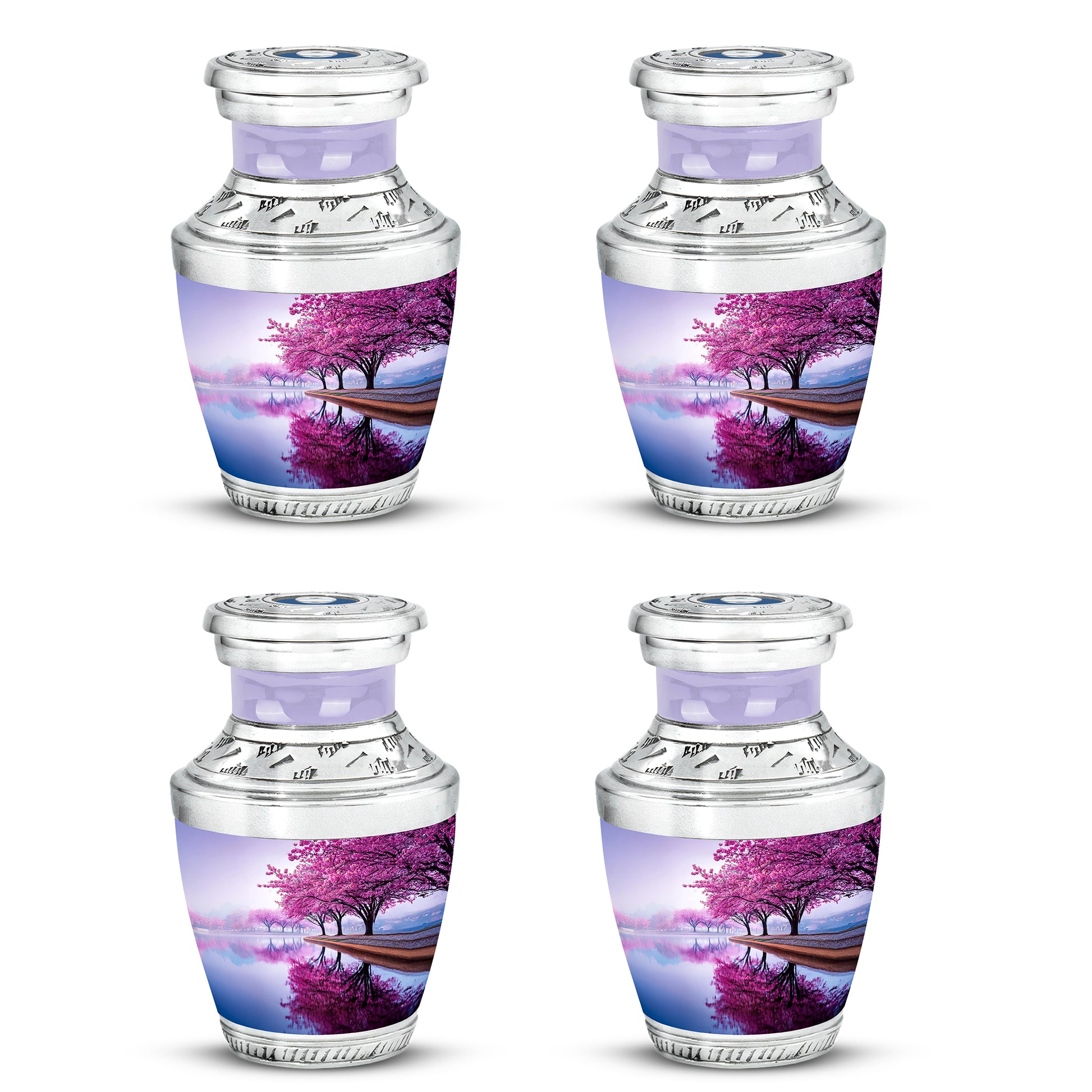 Alabaster White Cherry Blossom Cremation Urn back view with polished surface - modern art-inspired cherry blossom motif on sleek aluminum - 10 inch aluminum urn for cremated remains