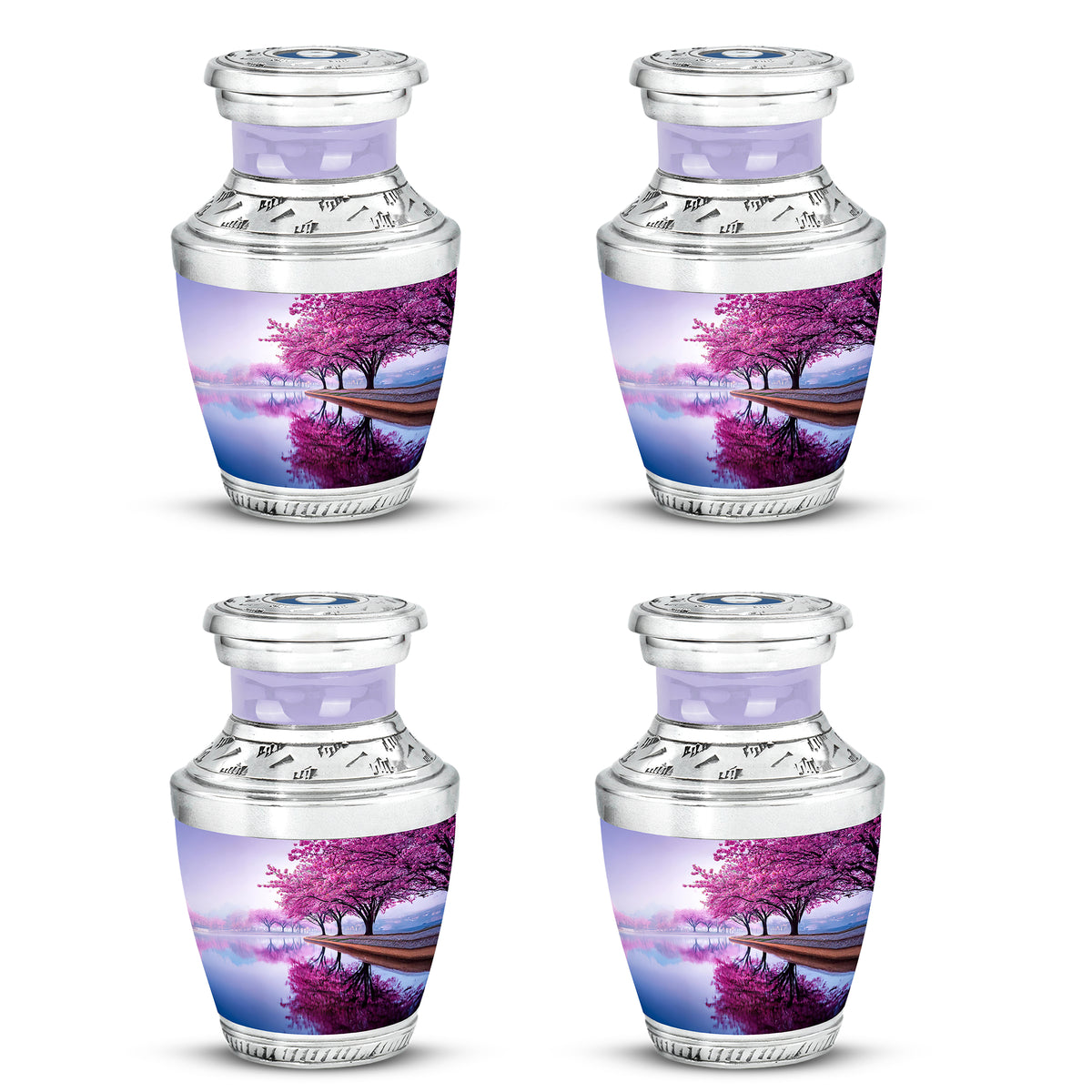 Alabaster White Cherry Blossom Cremation Urn back view with polished surface - modern art-inspired cherry blossom motif on sleek aluminum - 10 inch aluminum urn for cremated remains