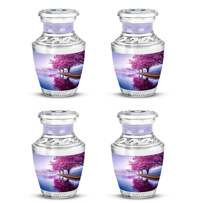 Alabaster White Cherry Blossom Cremation Urn back view with polished surface - modern art-inspired cherry blossom motif on sleek aluminum - 10 inch aluminum urn for cremated remains