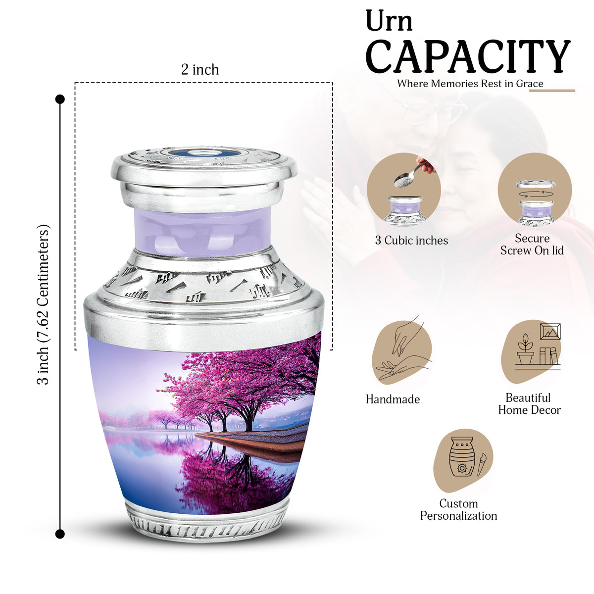 Snow White Cherry Blossom Cremation Urn top-down view of secure threaded lid - contemporary cherry blossom design with modern artistic flair - mini keepsake memorial for portion of cremation ashes