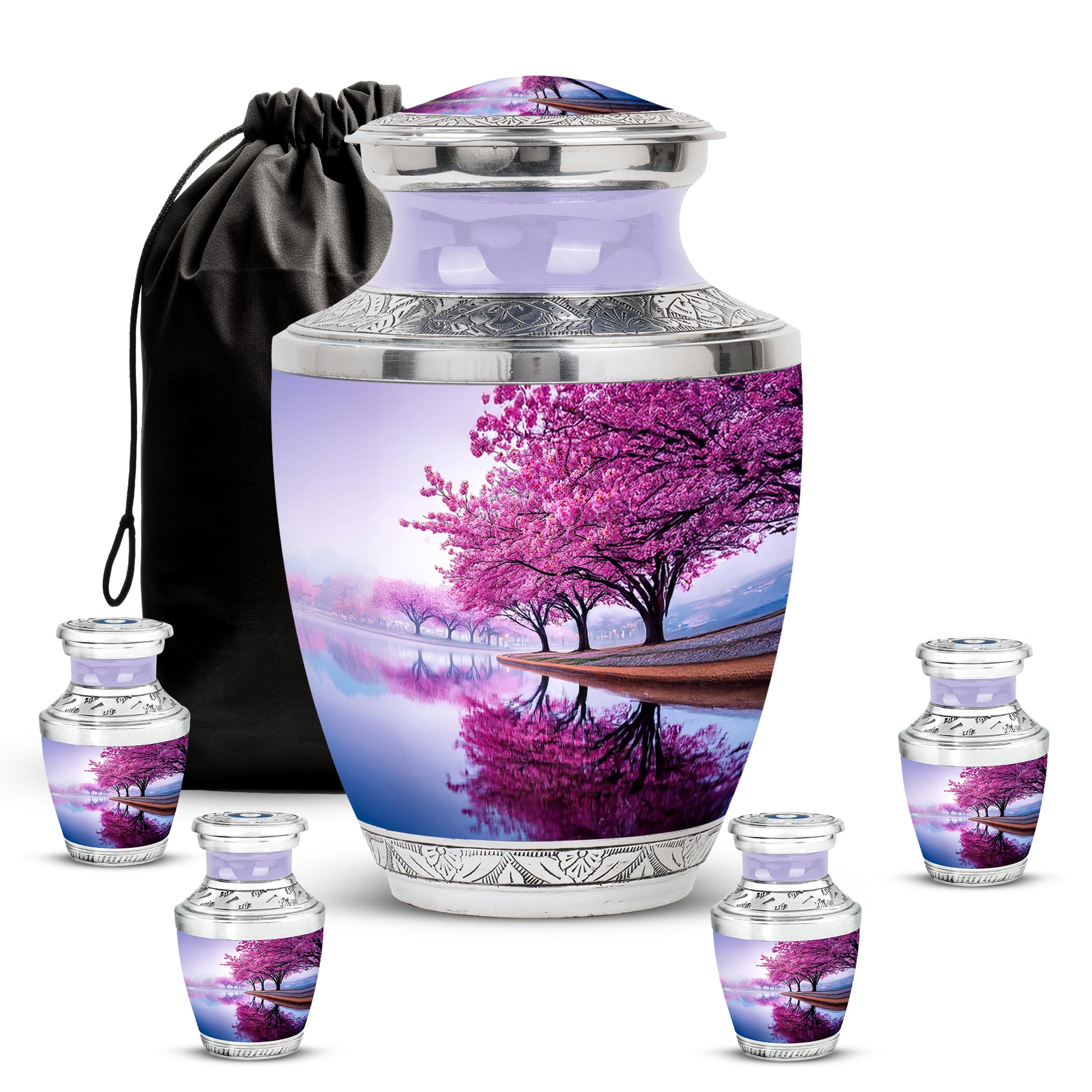 Pearl White Cherry Blossom Cremation Urn lifestyle display on memorial shelf - artistic cherry blossom interpretation with creative detail - memorial set with one large and four small urns