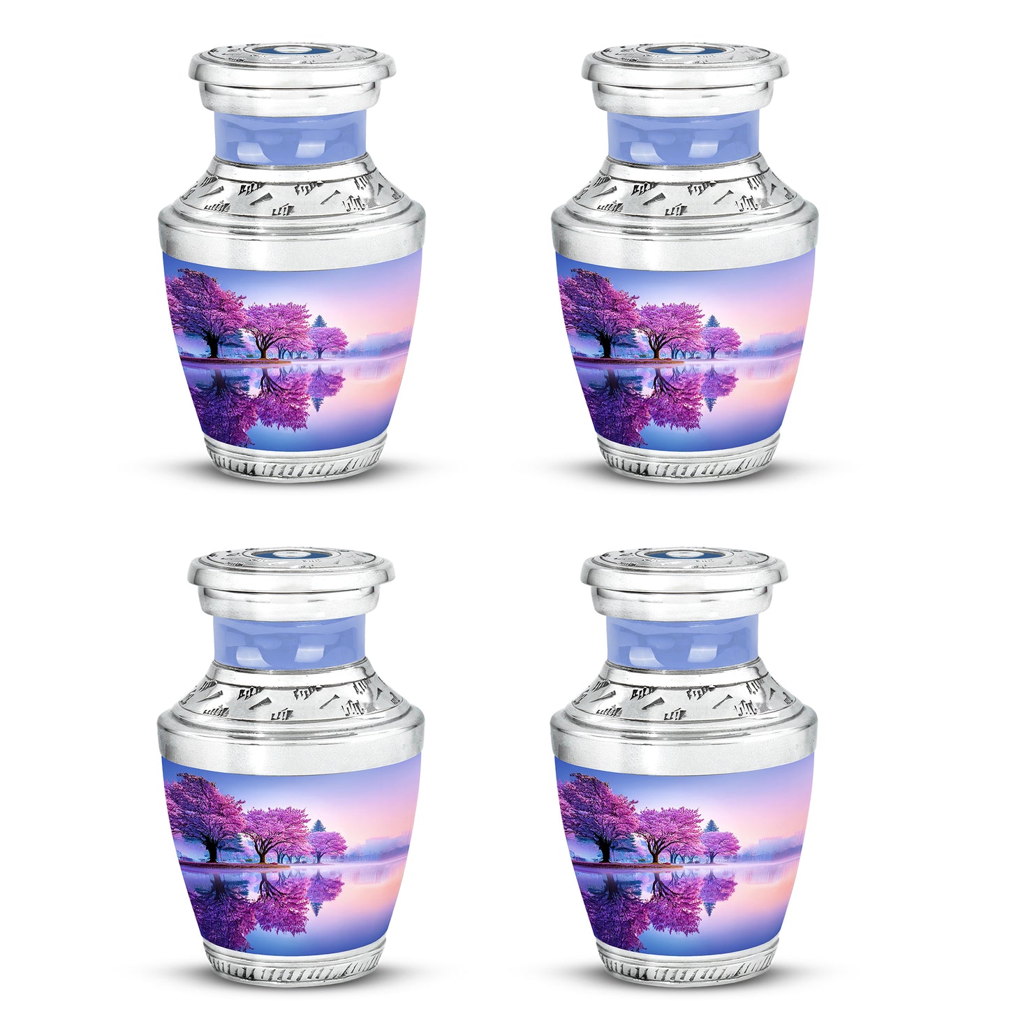 Frost White Cherry Blossom Cremation Urn back view with polished surface - modern art-inspired cherry blossom motif on sleek aluminum - 10 inch aluminum urn for cremated remains