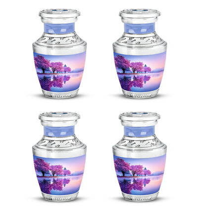 Frost White Cherry Blossom Cremation Urn back view with polished surface - modern art-inspired cherry blossom motif on sleek aluminum - 10 inch aluminum urn for cremated remains