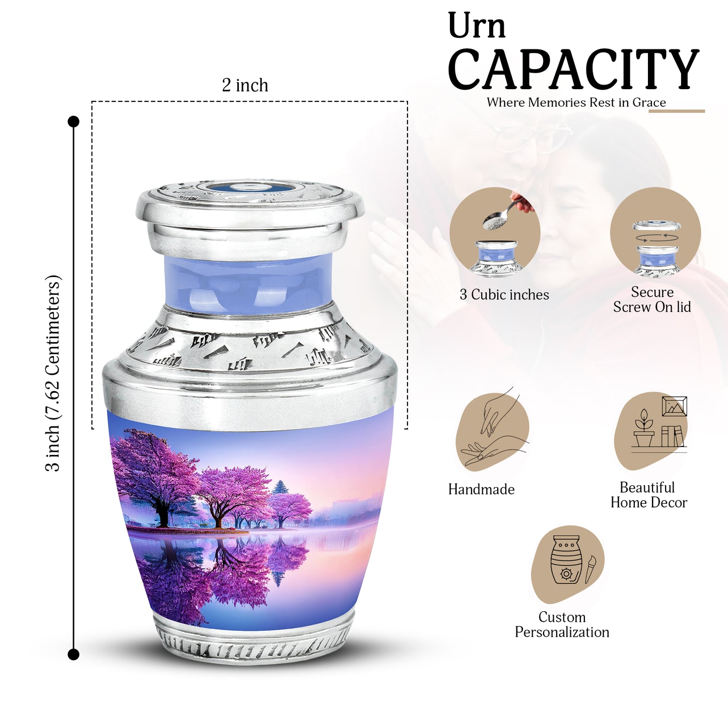 Silk White Cherry Blossom Cremation Urn top-down view of secure threaded lid - stylized abstract cherry blossom pattern with bold lines - mini keepsake memorial for portion of cremation ashes