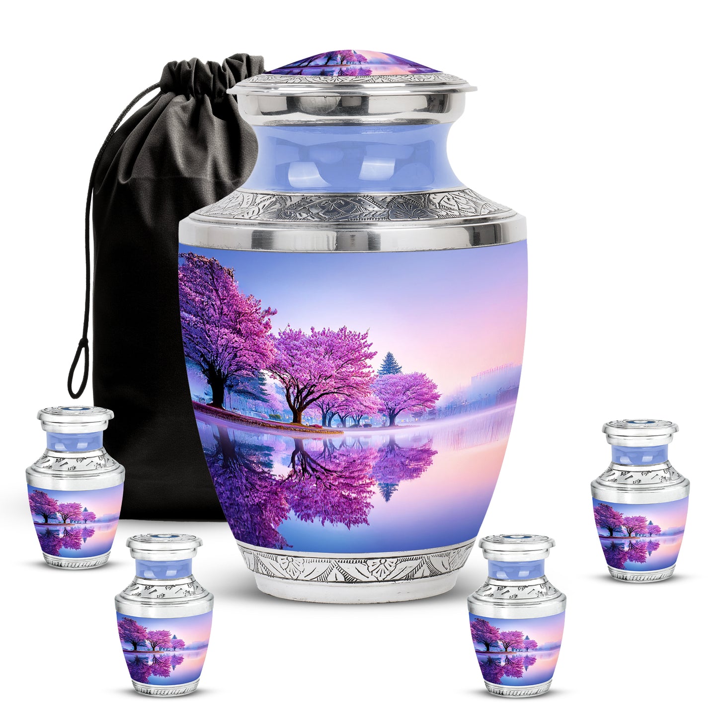 Cloud White Cherry Blossom Cremation Urn lifestyle display on memorial shelf - artistic cherry blossom interpretation with creative detail - memorial set with one large and four small urns