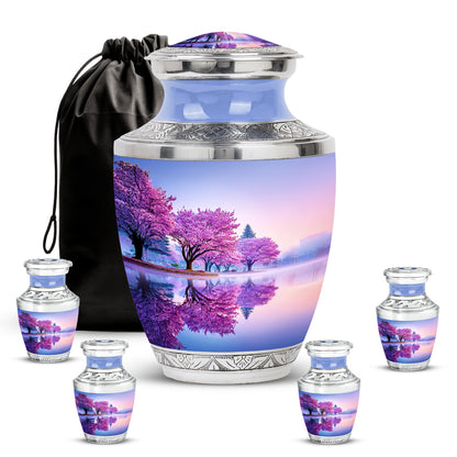Cloud White Cherry Blossom Cremation Urn lifestyle display on memorial shelf - artistic cherry blossom interpretation with creative detail - memorial set with one large and four small urns