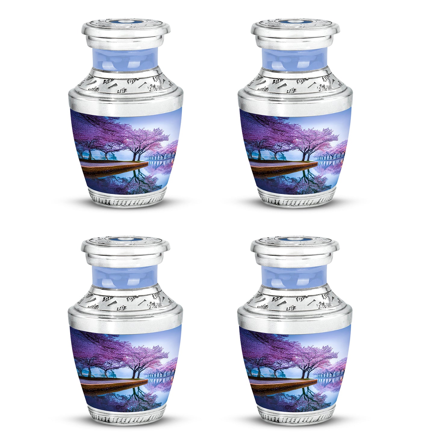 Dusty Blue Cherry Blossom Cremation Urn back view with polished surface - contemporary cherry blossom design with modern artistic flair - 10 inch aluminum urn for cremated remains