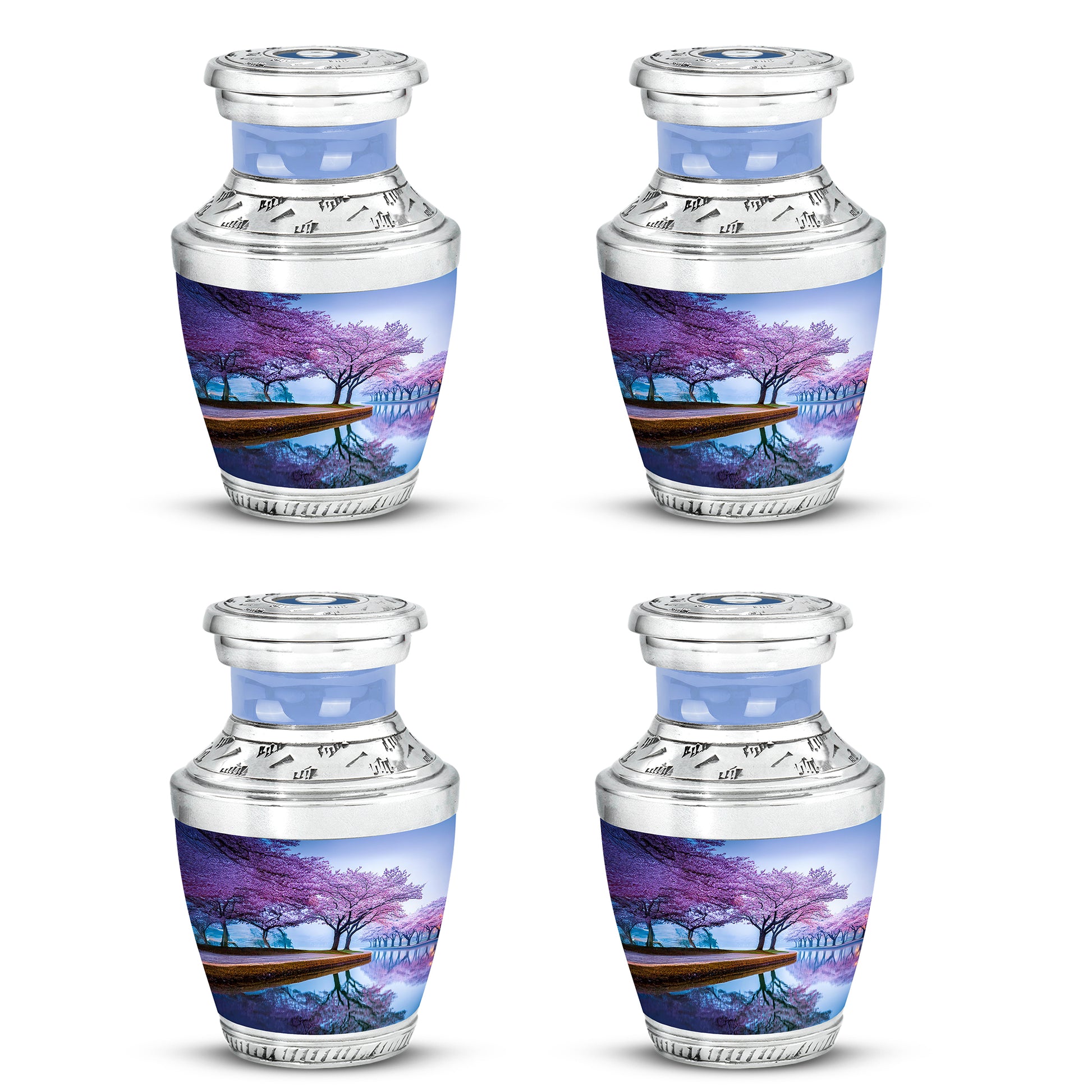 Dusty Blue Cherry Blossom Cremation Urn back view with polished surface - contemporary cherry blossom design with modern artistic flair - 10 inch aluminum urn for cremated remains