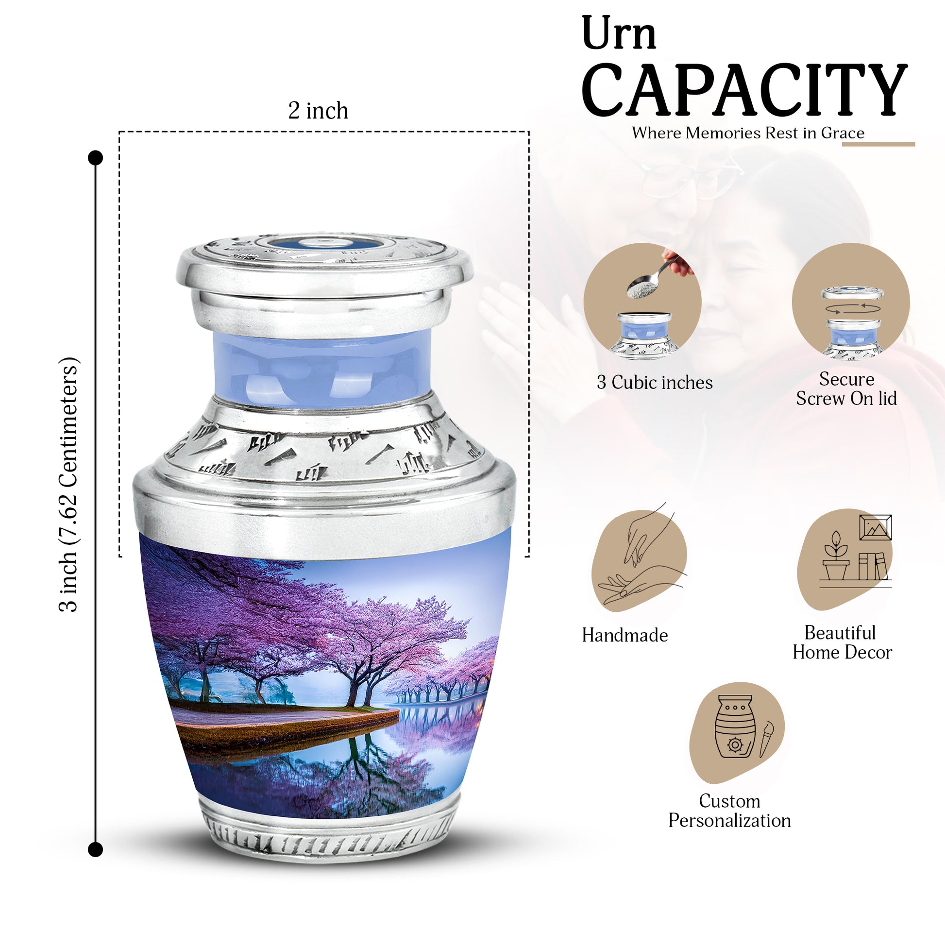 Azure Cherry Blossom Cremation Urn top-down view of secure threaded lid - modern art-inspired cherry blossom motif on sleek aluminum - mini keepsake memorial for portion of cremation ashes