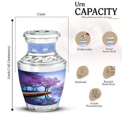 Azure Cherry Blossom Cremation Urn top-down view of secure threaded lid - modern art-inspired cherry blossom motif on sleek aluminum - mini keepsake memorial for portion of cremation ashes