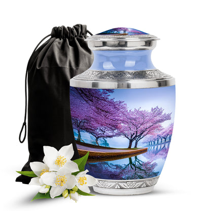 Azure Cherry Blossom Cremation Urn side profile showing urn shape - modern art-inspired cherry blossom motif on sleek aluminum - full-size 10 inch 200 cubic inch adult cremation urn
