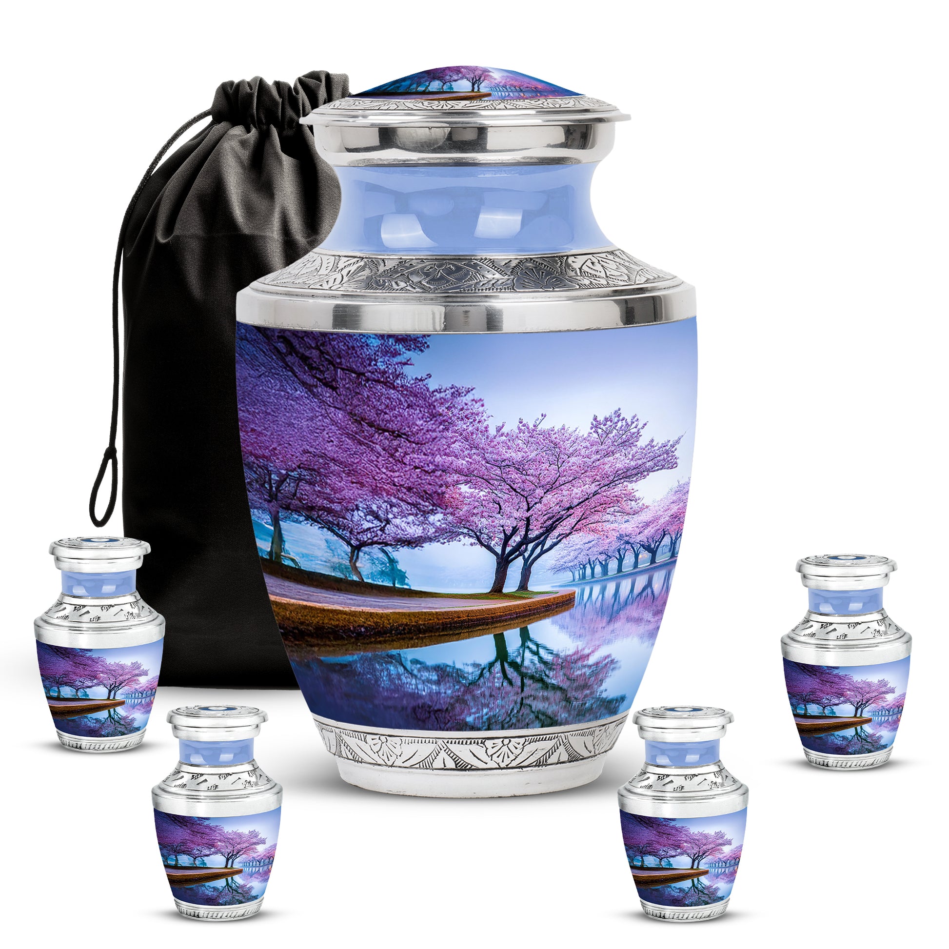 Royal Blue Cherry Blossom Cremation Urn lifestyle display on memorial shelf - artistic cherry blossom interpretation with creative detail - memorial set with one large and four small urns