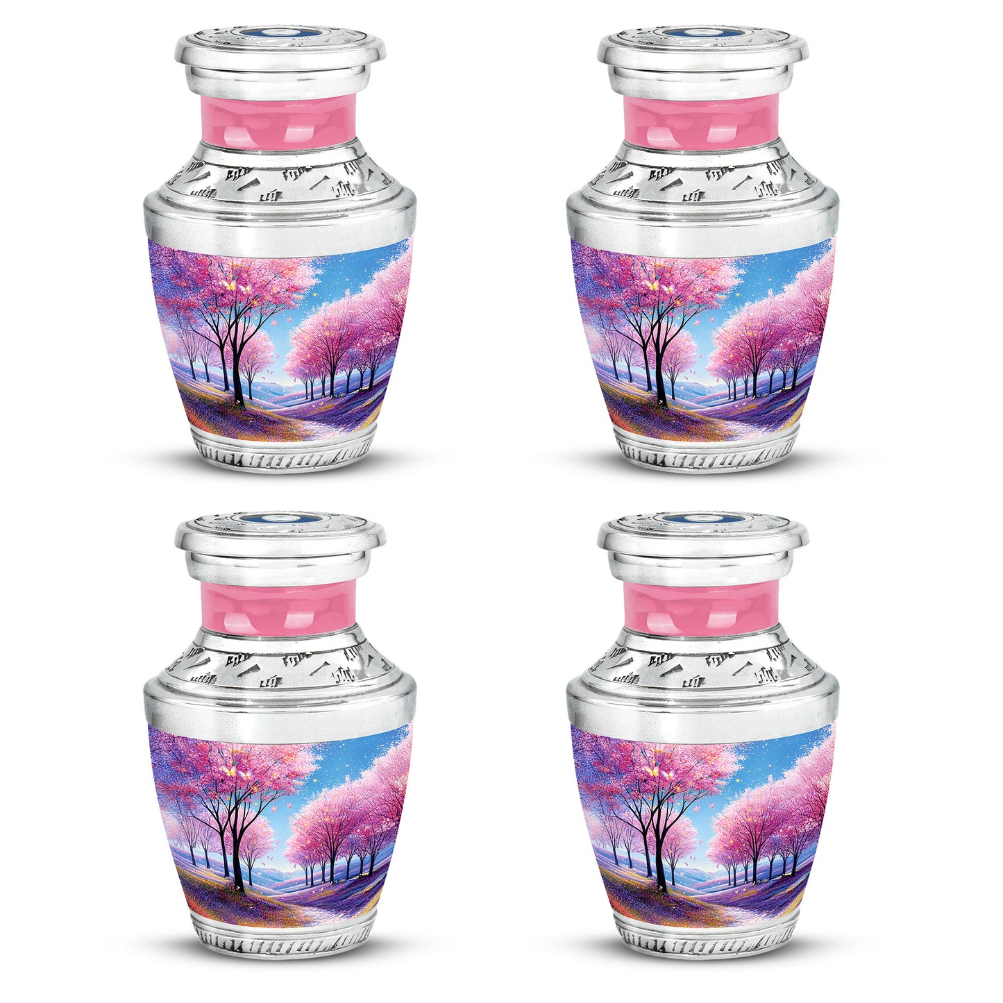 Sky Blue Cherry Blossom Cremation Urn back view with polished surface - contemporary cherry blossom design with modern artistic flair - 10 inch aluminum urn for cremated remains