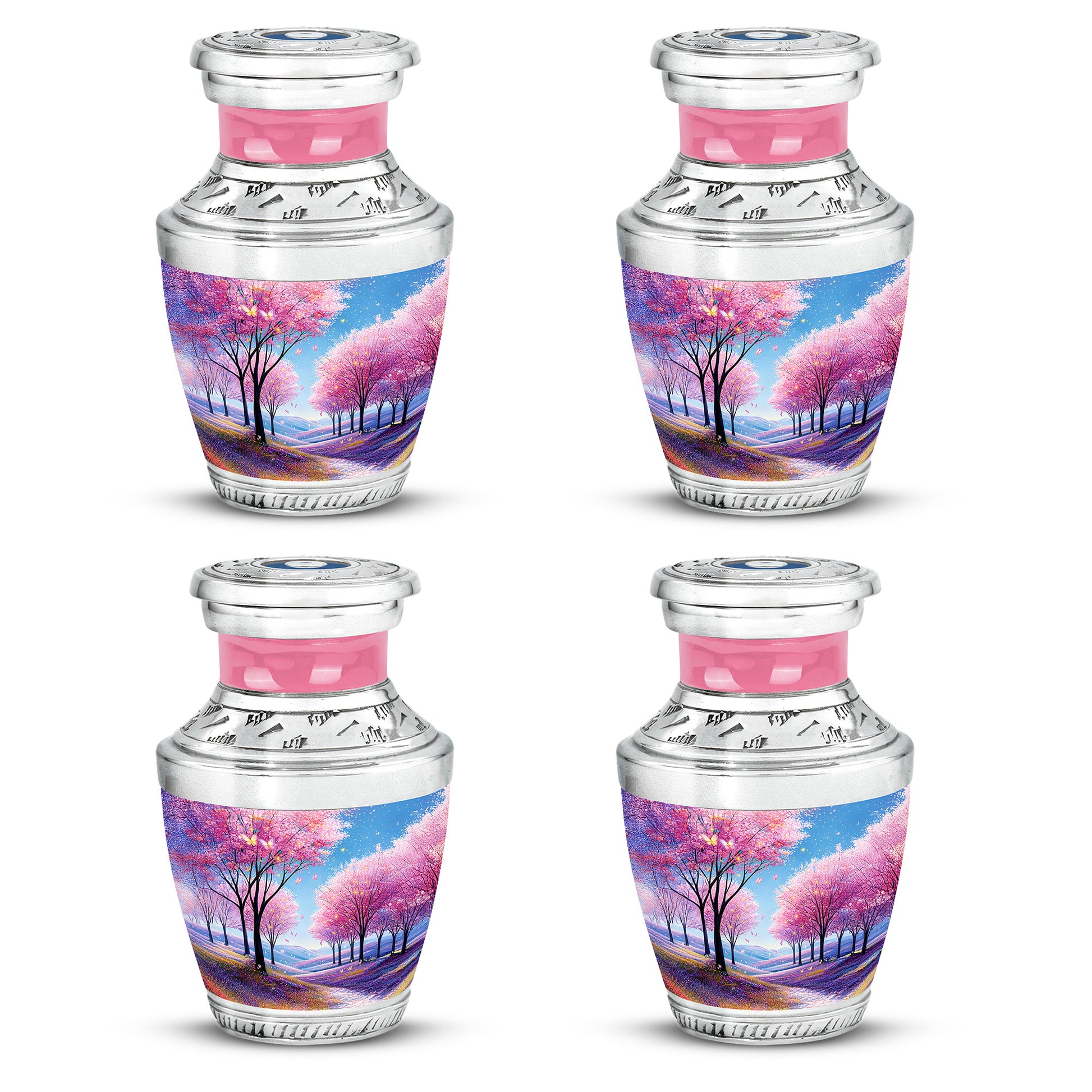 Sky Blue Cherry Blossom Cremation Urn back view with polished surface - contemporary cherry blossom design with modern artistic flair - 10 inch aluminum urn for cremated remains