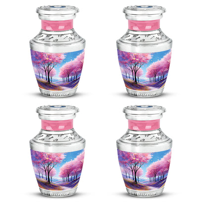 Sky Blue Cherry Blossom Cremation Urn back view with polished surface - contemporary cherry blossom design with modern artistic flair - 10 inch aluminum urn for cremated remains