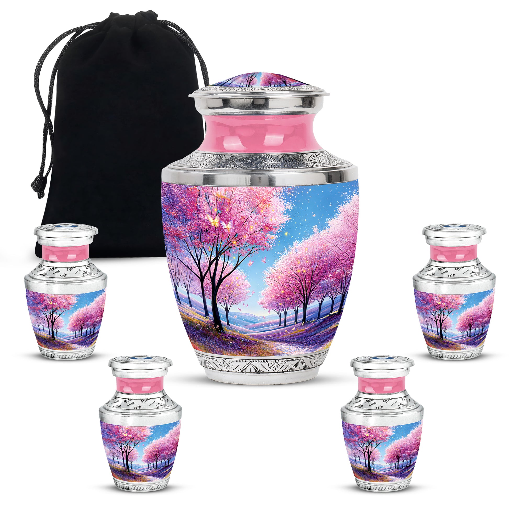 Powder Blue Cherry Blossom Cremation Urn lifestyle display on memorial shelf - contemporary cherry blossom design with modern artistic flair - memorial set with one large and four small urns