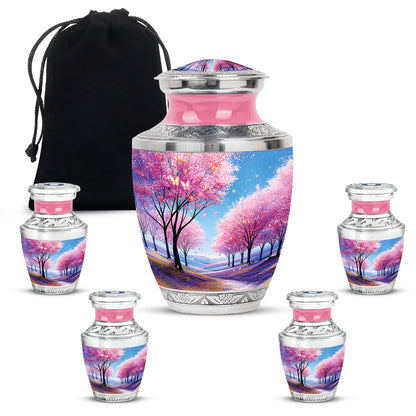 Powder Blue Cherry Blossom Cremation Urn lifestyle display on memorial shelf - contemporary cherry blossom design with modern artistic flair - memorial set with one large and four small urns