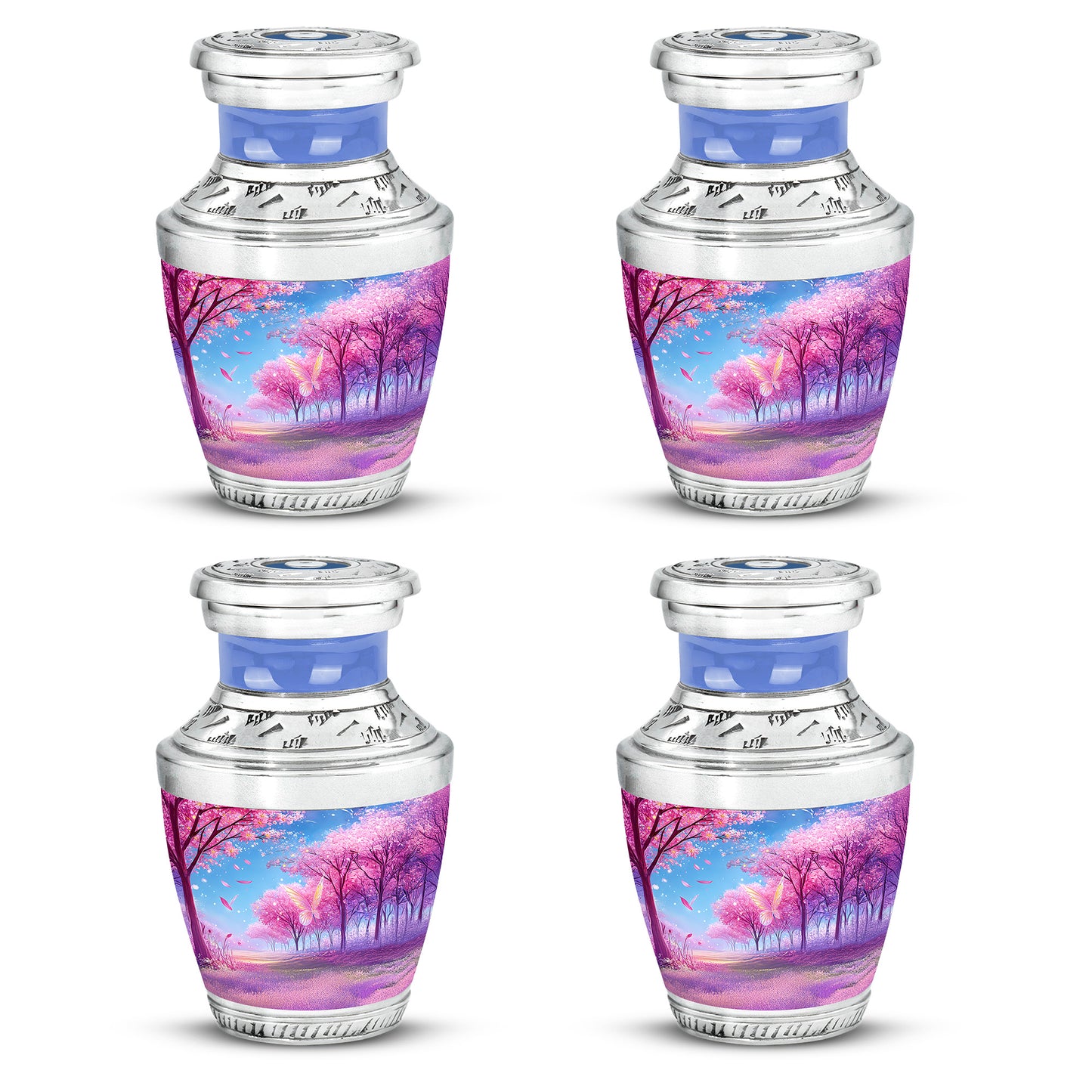Royal Purple Cherry Blossom Cremation Urn back view with polished surface - artistic cherry blossom interpretation with creative detail - 10 inch aluminum urn for cremated remains