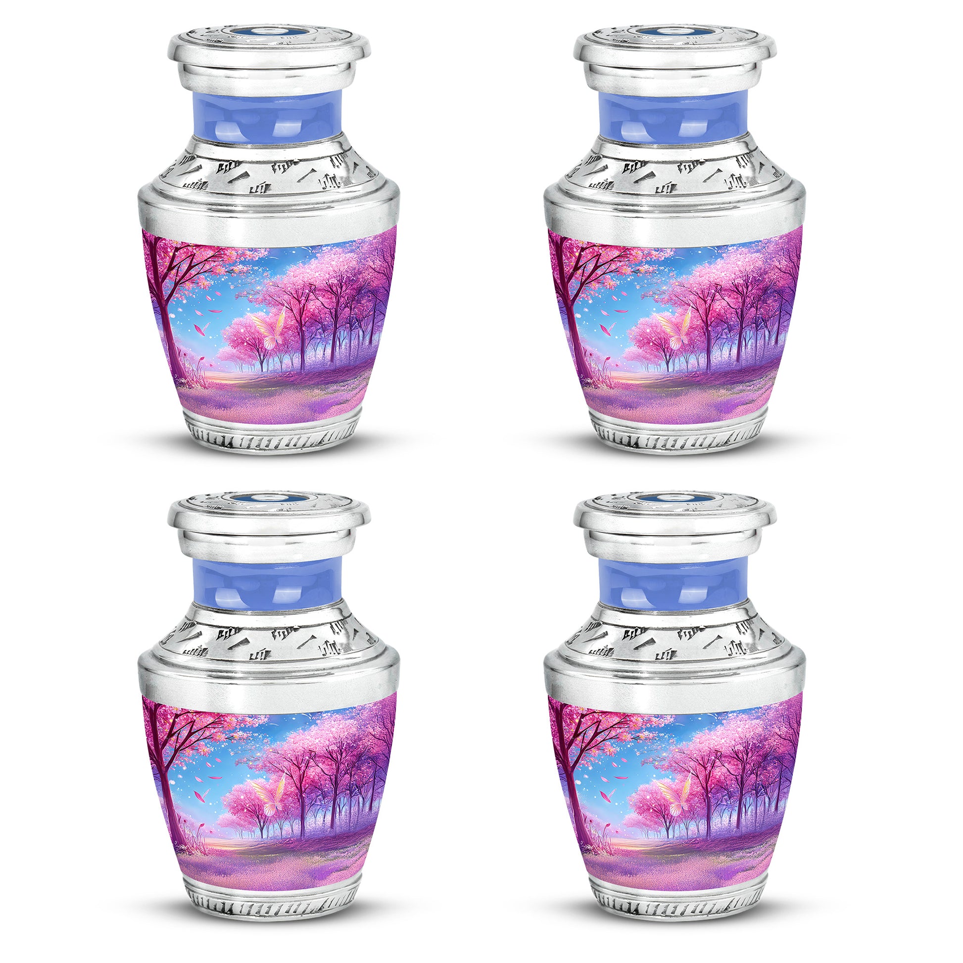 Royal Purple Cherry Blossom Cremation Urn back view with polished surface - artistic cherry blossom interpretation with creative detail - 10 inch aluminum urn for cremated remains