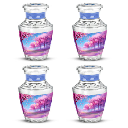 Royal Purple Cherry Blossom Cremation Urn back view with polished surface - artistic cherry blossom interpretation with creative detail - 10 inch aluminum urn for cremated remains
