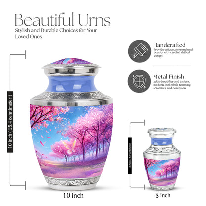 Twilight Purple Cherry Blossom Cremation Urn top-down view of secure threaded lid - artistic cherry blossom interpretation with creative detail - mini keepsake memorial for portion of cremation ashes