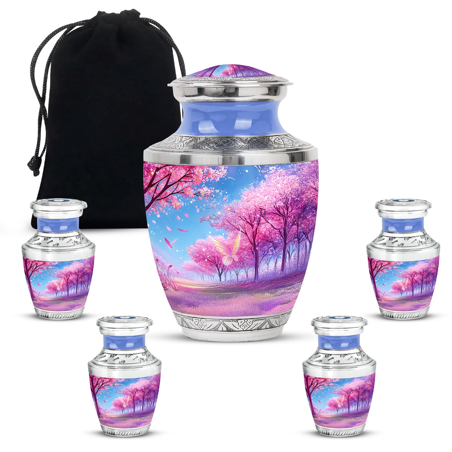 Deep Purple Cherry Blossom Cremation Urn lifestyle display on memorial shelf - modern art-inspired cherry blossom motif on sleek aluminum - memorial set with one large and four small urns